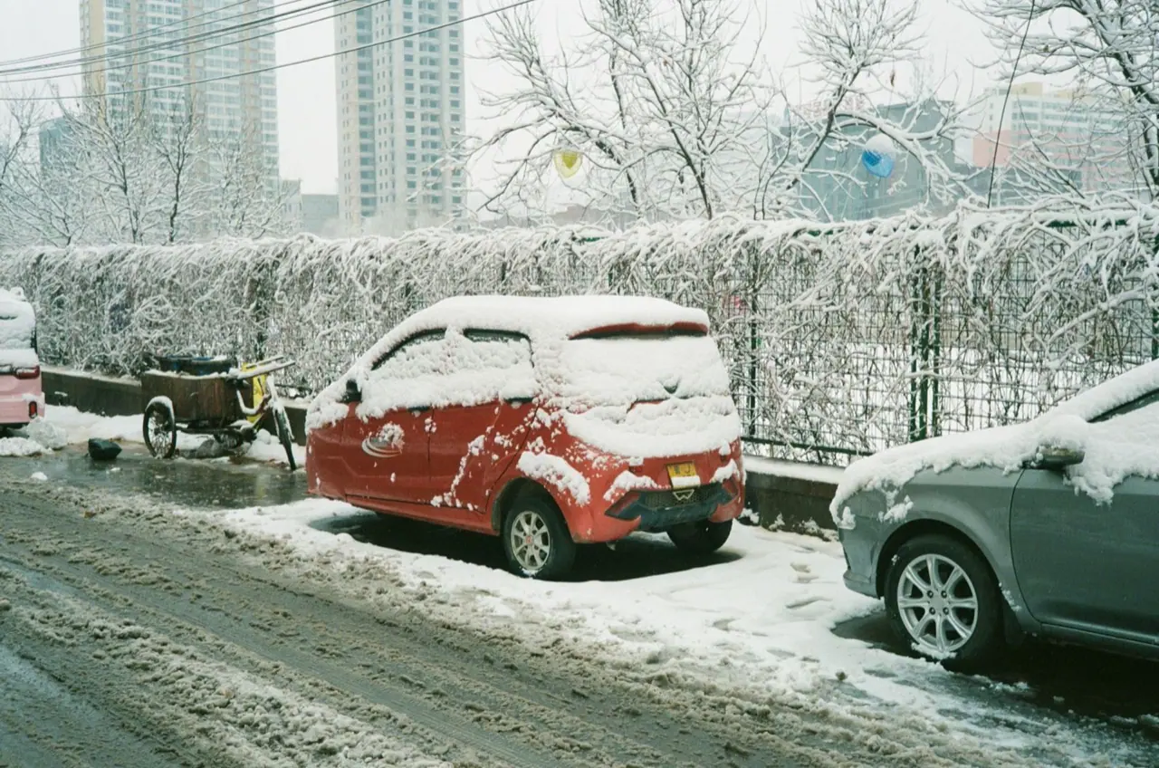 Cars covered in snow parked along a city street after a storm